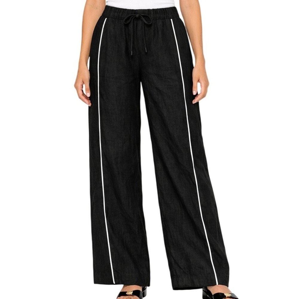 Tahari 100% Linen Wide Leg Pants Black White Piping Drawstring Womens Medium